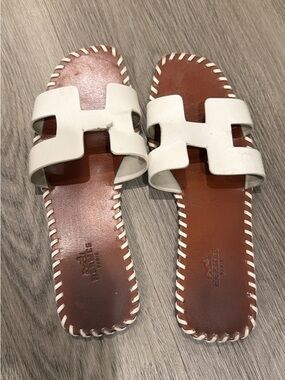 Hermes White and Brown Leather Oran Slide Sandals